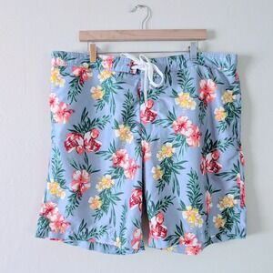 Merona Mens XL Blue Floral Hibiscus Swim Trunks Mesh Lined Shorts Beach Vacation